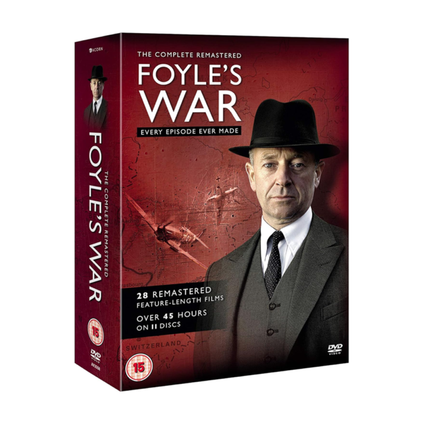 Foyle’s War Complete Collection DVD Box Set – Cover image featuring Michael Kitchen as Detective Chief Superintendent Christopher Foyle. Foyle in Action Scene – A still of DCS Foyle investigating a crime. Wartime Britain Setting – A scene depicting the 1940s historical backdrop of the series. Foyle with Supporting Characters – A group shot including Foyle’s team members Sam Stewart and Paul Milner. Remastered Edition Features – Display of the improved picture and sound quality compared to original releases.