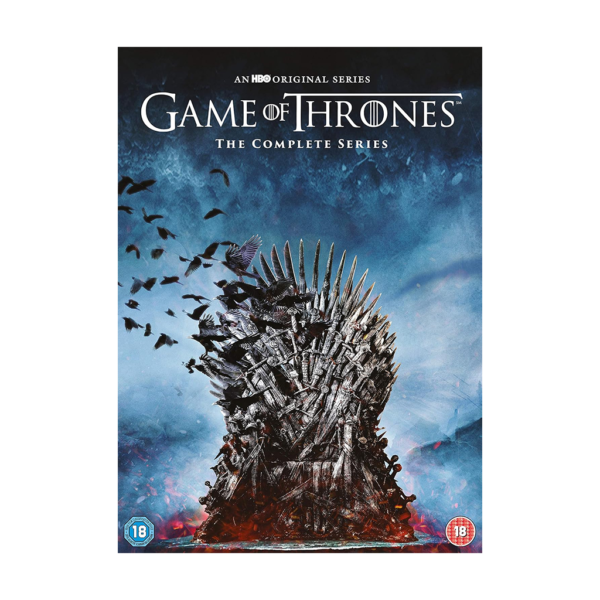 Game of Thrones Complete Series DVD Box Set – Official cover image featuring the Iron Throne. Jon Snow Battle Scene – A still from the Battle of the Bastards. Daenerys Targaryen & Dragons – A scene with Daenerys commanding Drogon. The Night King & White Walkers – A menacing image of the Night King leading his army. Game of Thrones Cast Ensemble – Iconic characters including Jon Snow, Daenerys, Tyrion, and Arya Stark.