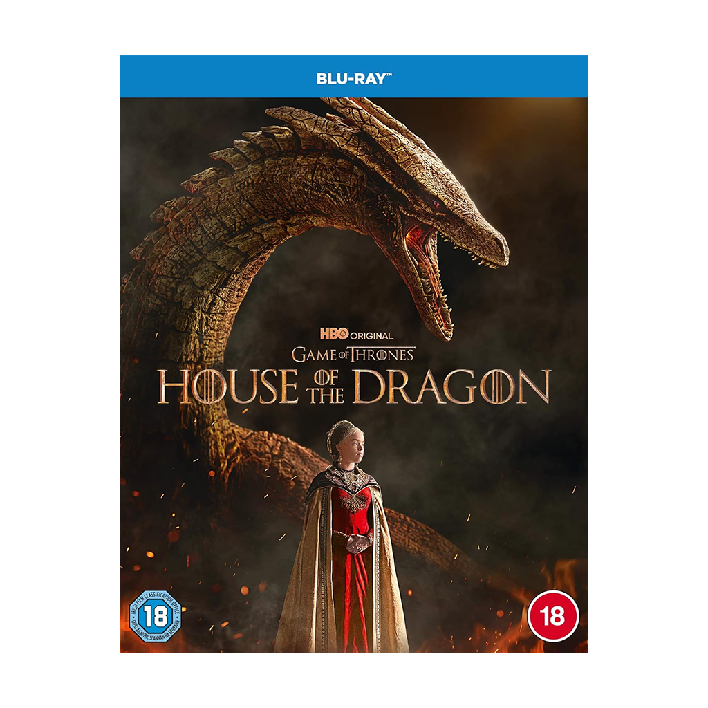 House of the Dragon Season 1 Blu-ray Cover – Official Blu-ray cover featuring the Targaryen sigil. Daemon & Rhaenyra Targaryen Scene – A still of Prince Daemon and Princess Rhaenyra Targaryen. Fire-Breathing Dragon Visual – A stunning image of a dragon mid-flight. King Viserys Targaryen on the Throne – A scene with King Viserys ruling Westeros. Battle Scene from Season 1 – An intense action sequence from the series.