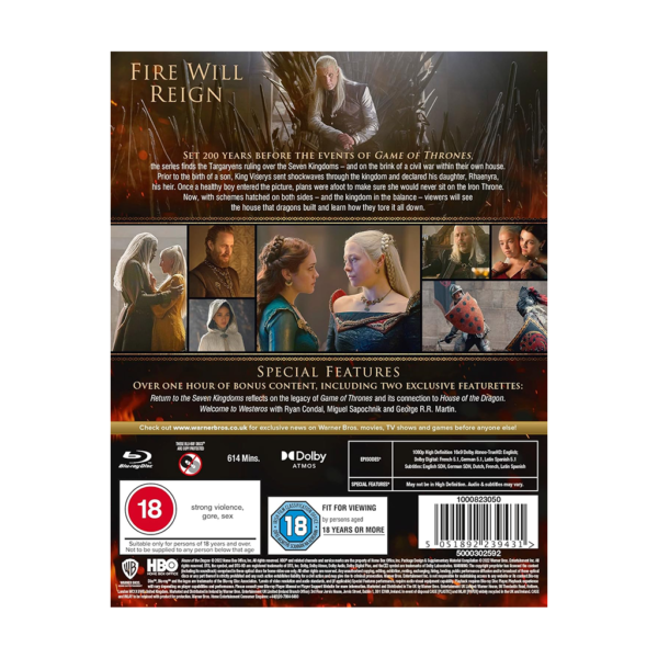 House of the Dragon Season 1 Blu-ray Cover – Official Blu-ray cover featuring the Targaryen sigil. Daemon & Rhaenyra Targaryen Scene – A still of Prince Daemon and Princess Rhaenyra Targaryen. Fire-Breathing Dragon Visual – A stunning image of a dragon mid-flight. King Viserys Targaryen on the Throne – A scene with King Viserys ruling Westeros. Battle Scene from Season 1 – An intense action sequence from the series.