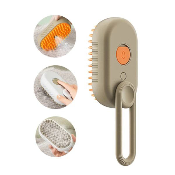 cat steam brush, pet grooming brush, steam dog brush, 3-in-1 pet brush, electric pet grooming tool, best cat brush UK, steam spray pet brush, pet hair removal brush, dog grooming brush, anti-static pet comb, tangle-free cat brush, soft bristle dog brush, shedding brush for pets, long-haired cat brush, pet fur detangler