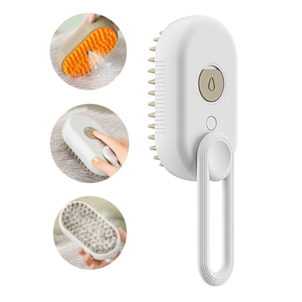 cat steam brush, pet grooming brush, steam dog brush, 3-in-1 pet brush, electric pet grooming tool, best cat brush UK, steam spray pet brush, pet hair removal brush, dog grooming brush, anti-static pet comb, tangle-free cat brush, soft bristle dog brush, shedding brush for pets, long-haired cat brush, pet fur detangler